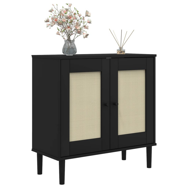 SENJA Black Sideboard | Modern 80x35x80 cm Solid Pine Wood with Rattan Look Storage Cabinet - Premium  from Home Treasures - Just £145.99! Shop now at Home Treasures