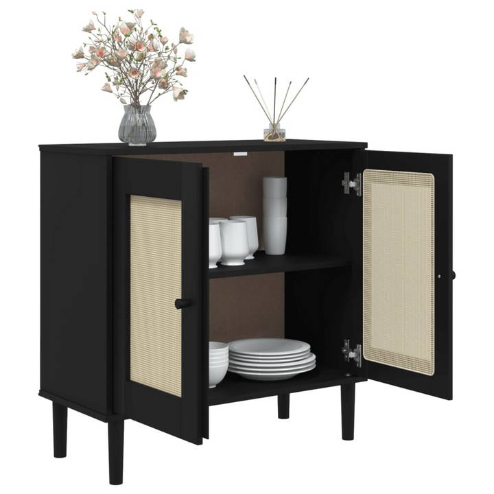 SENJA Black Sideboard | Modern 80x35x80 cm Solid Pine Wood with Rattan Look Storage Cabinet - Premium  from Home Treasures - Just £145.99! Shop now at Home Treasures