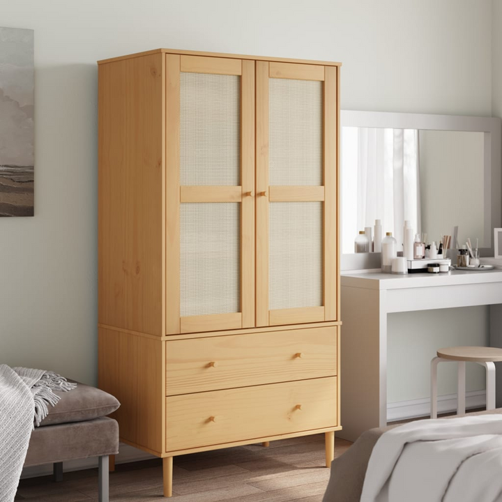 SENJA Wardrobe with Rattan Look in Brown, 90x55x175 cm, Solid Pine Wood - Premium  from Home Treasures - Just £331.99! Shop now at Home Treasures