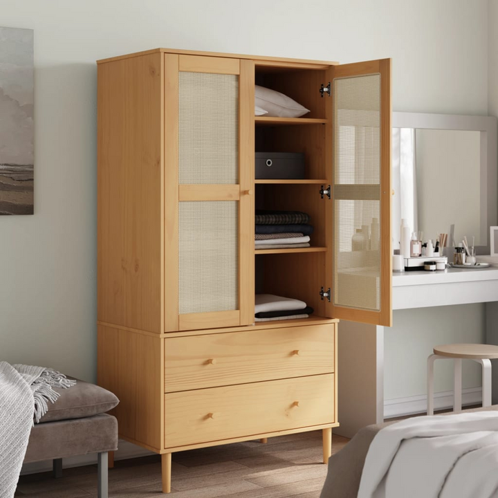 SENJA Wardrobe with Rattan Look in Brown, 90x55x175 cm, Solid Pine Wood - Premium  from Home Treasures - Just £331.99! Shop now at Home Treasures