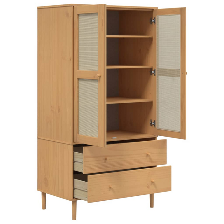 SENJA Wardrobe with Rattan Look in Brown, 90x55x175 cm, Solid Pine Wood - Premium  from Home Treasures - Just £331.99! Shop now at Home Treasures