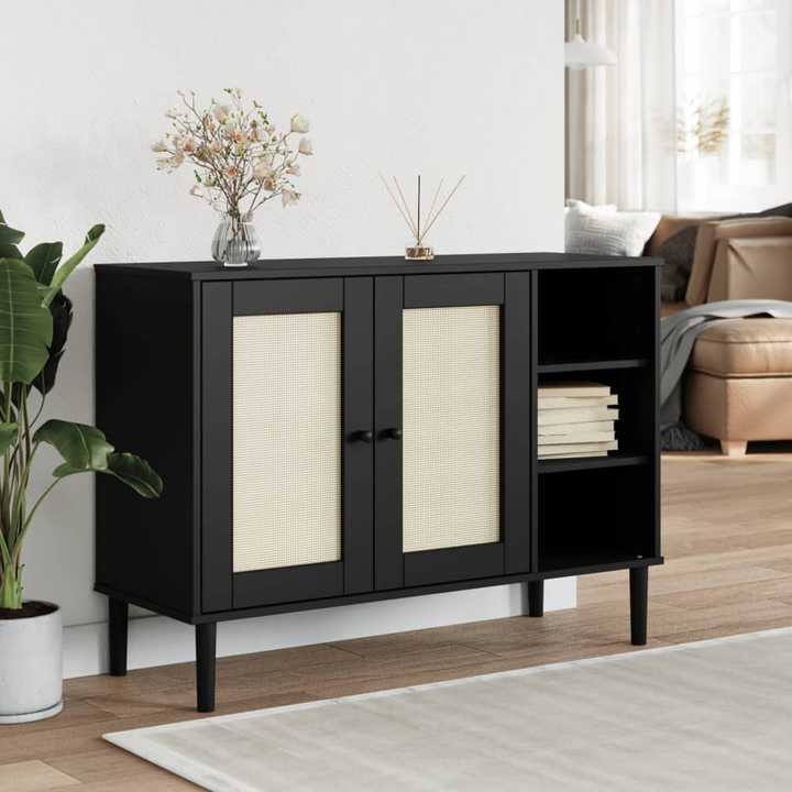 SENJA Black Sideboard with Rattan Look - 112x40x80cm Solid Pine Wood - Mid-century Modern Storage Cabinet - Premium  from Home Treasures - Just £184.99! Shop now at Home Treasures