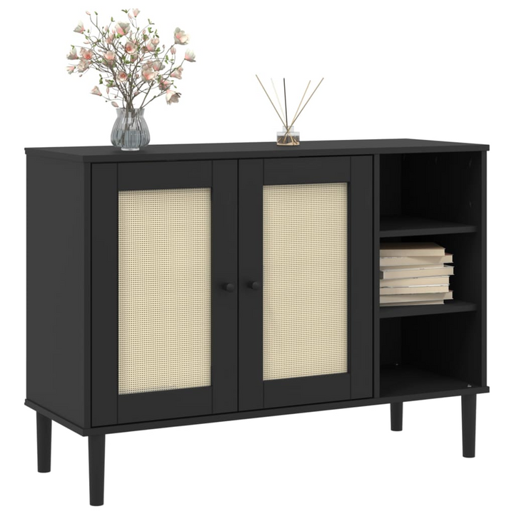 SENJA Black Sideboard with Rattan Look - 112x40x80cm Solid Pine Wood - Mid-century Modern Storage Cabinet - Premium  from Home Treasures - Just £184.99! Shop now at Home Treasures