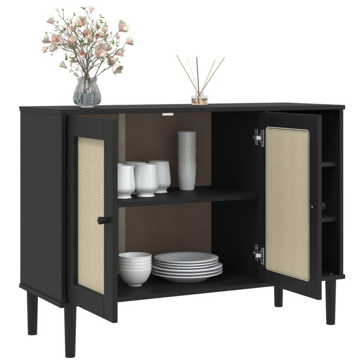 SENJA Black Sideboard with Rattan Look - 112x40x80cm Solid Pine Wood - Mid-century Modern Storage Cabinet - Premium  from Home Treasures - Just £184.99! Shop now at Home Treasures