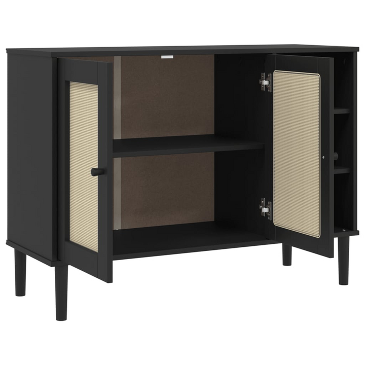 SENJA Black Sideboard with Rattan Look - 112x40x80cm Solid Pine Wood - Mid-century Modern Storage Cabinet - Premium  from Home Treasures - Just £184.99! Shop now at Home Treasures