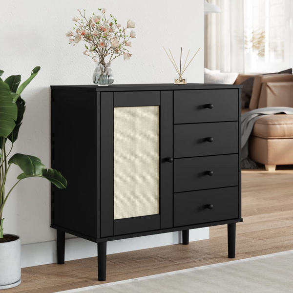 SENJA Black Sideboard with Rattan Look - 80x40x80 cm, Solid Pine Wood, Ample Storage, Minimalist & Stylish - Premium  from Home Treasures - Just £126.99! Shop now at Home Treasures