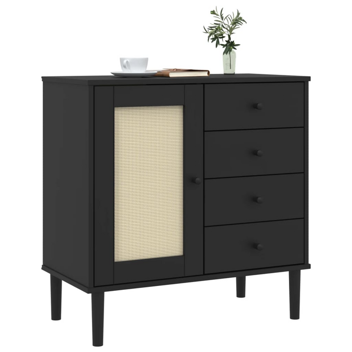 SENJA Black Sideboard with Rattan Look - 80x40x80 cm, Solid Pine Wood, Ample Storage, Minimalist & Stylish - Premium  from Home Treasures - Just £124.99! Shop now at Home Treasures