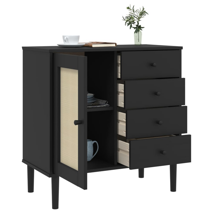 SENJA Black Sideboard with Rattan Look - 80x40x80 cm, Solid Pine Wood, Ample Storage, Minimalist & Stylish - Premium  from Home Treasures - Just £124.99! Shop now at Home Treasures