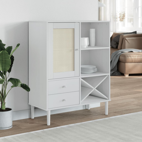 SENJA Highboard with Rattan Look in White - Elegant 90x40x112cm Solid Pine Wood Cabinet with UV Varnish Finish - Premium  from Home Treasures - Just £124.99! Shop now at Home Treasures