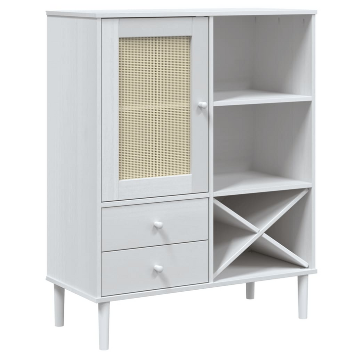 SENJA Highboard with Rattan Look in White - Elegant 90x40x112cm Solid Pine Wood Cabinet with UV Varnish Finish - Premium  from Home Treasures - Just £124.99! Shop now at Home Treasures