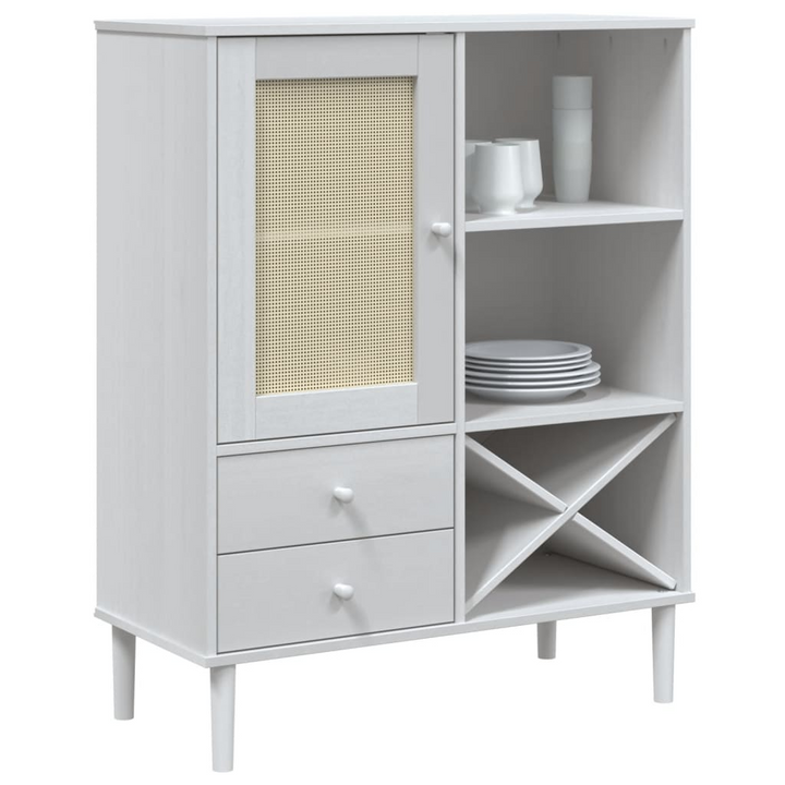 SENJA Highboard with Rattan Look in White - Elegant 90x40x112cm Solid Pine Wood Cabinet with UV Varnish Finish - Premium  from Home Treasures - Just £124.99! Shop now at Home Treasures