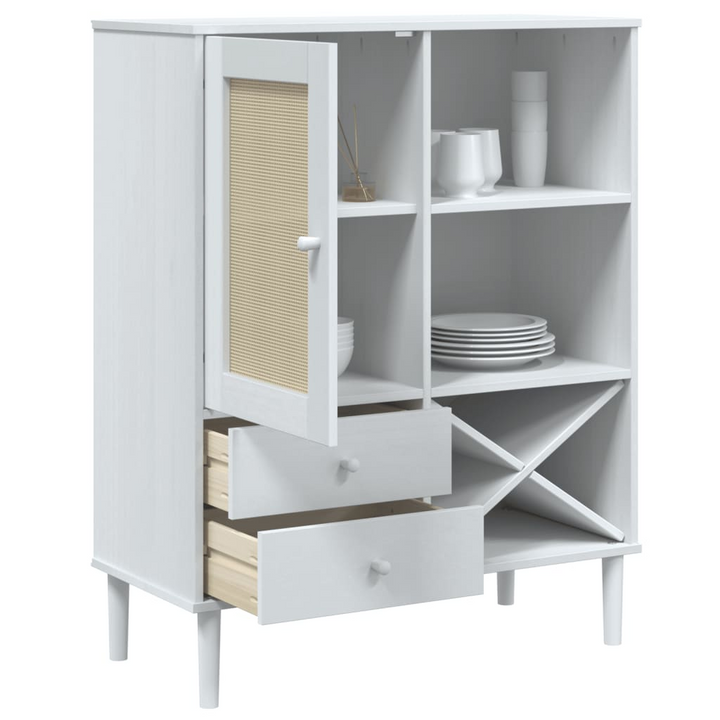 SENJA Highboard with Rattan Look in White - Elegant 90x40x112cm Solid Pine Wood Cabinet with UV Varnish Finish - Premium  from Home Treasures - Just £124.99! Shop now at Home Treasures