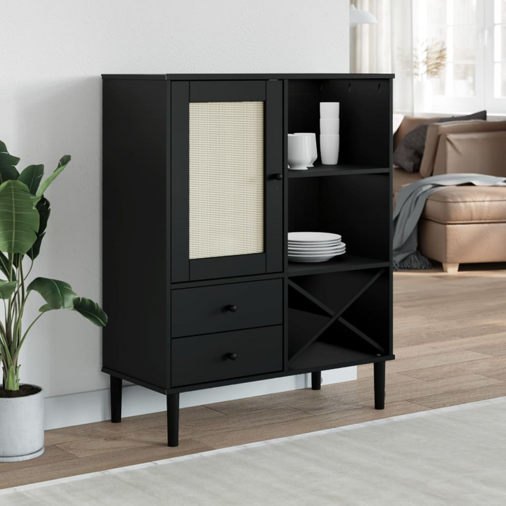 SENJA Highboard - Black Rattan Look, Solid Pine Wood, 90x40x112cm | Elegant & Functional Storage - Premium  from Home Treasures - Just £124.99! Shop now at Home Treasures