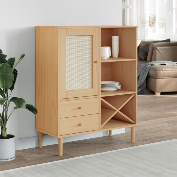 SENJA Highboard - Solid Pine Wood & Rattan Look, 90x40x112cm, Brown - Stylish Storage Solution - Premium  from Home Treasures - Just £124.99! Shop now at Home Treasures