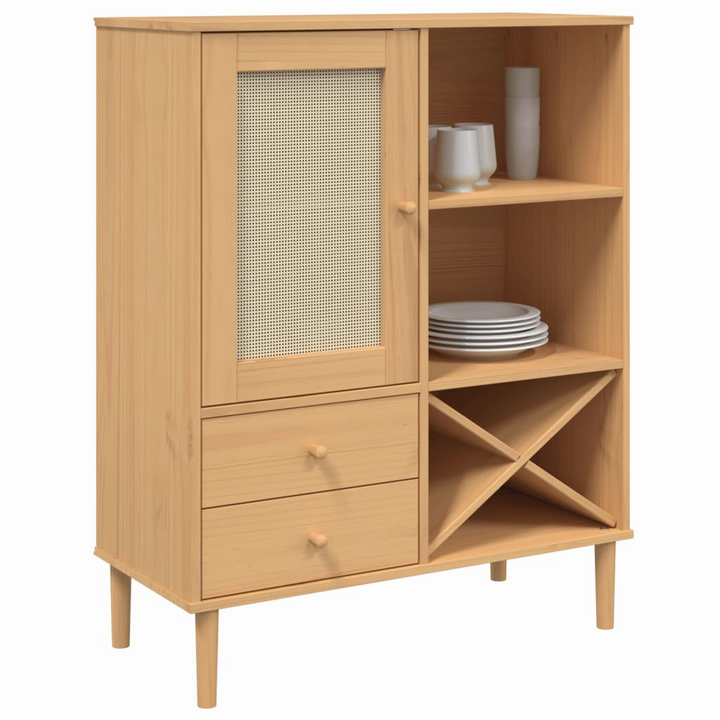 SENJA Highboard - Solid Pine Wood & Rattan Look, 90x40x112cm, Brown - Stylish Storage Solution - Premium  from Home Treasures - Just £124.99! Shop now at Home Treasures