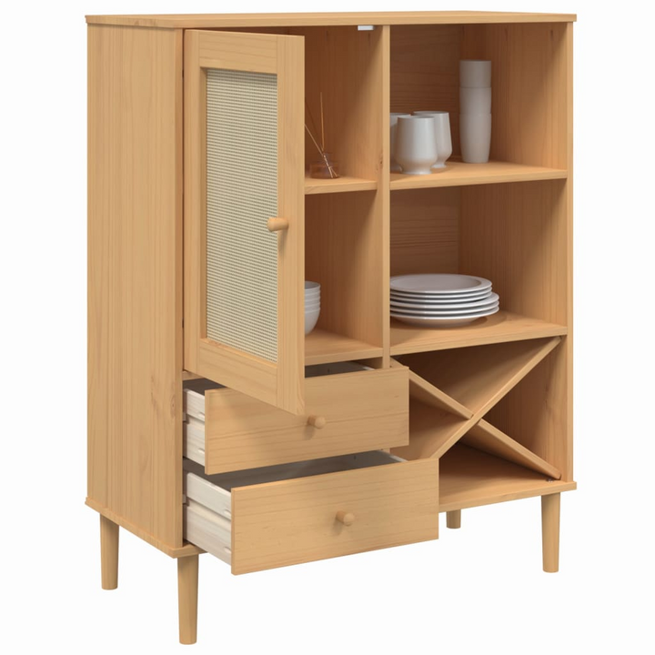 SENJA Highboard - Solid Pine Wood & Rattan Look, 90x40x112cm, Brown - Stylish Storage Solution - Premium  from Home Treasures - Just £124.99! Shop now at Home Treasures