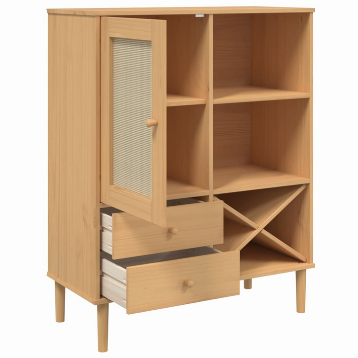 SENJA Highboard - Solid Pine Wood & Rattan Look, 90x40x112cm, Brown - Stylish Storage Solution - Premium  from Home Treasures - Just £124.99! Shop now at Home Treasures