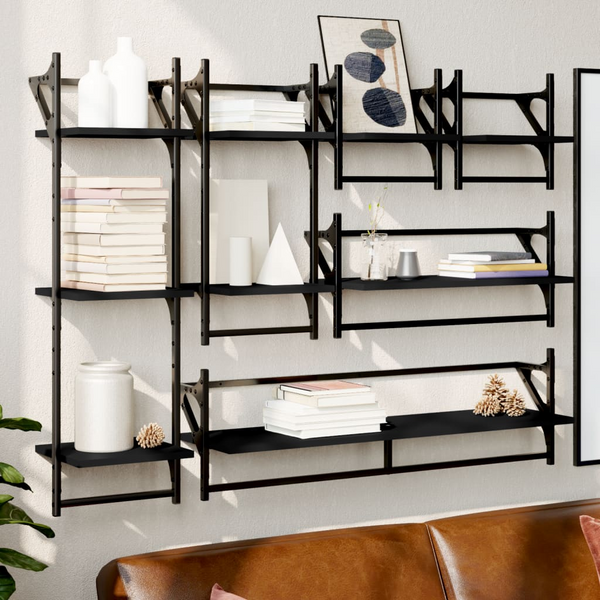 6 Piece Modern Floating Wall Shelf Set with Bars - Black Engineered Wood - Premium  from Home Treasures - Just £57.99! Shop now at Home Treasures