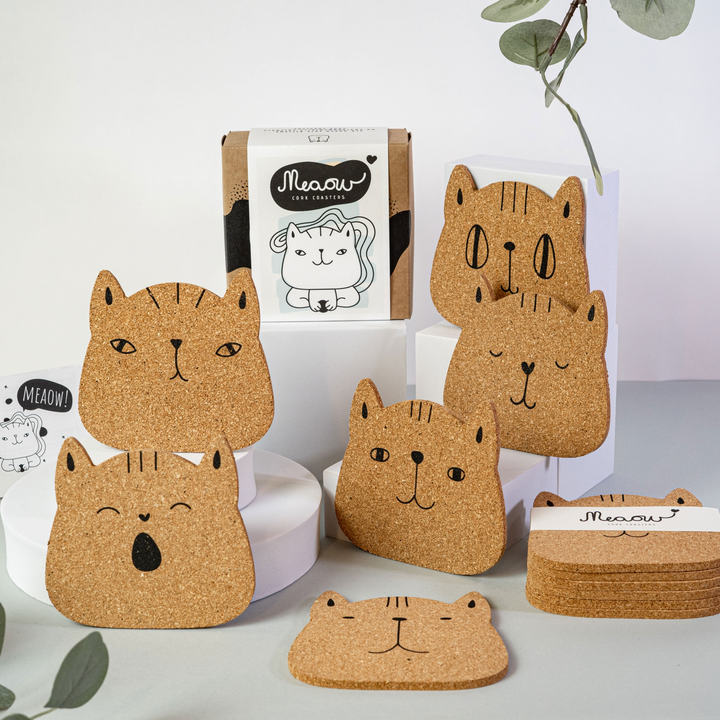 Meaow Cute Cats Cork Coasters - Set of 6 Round Eco-Friendly Coasters - Premium  from Home Treasures - Just £33.99! Shop now at Home Treasures