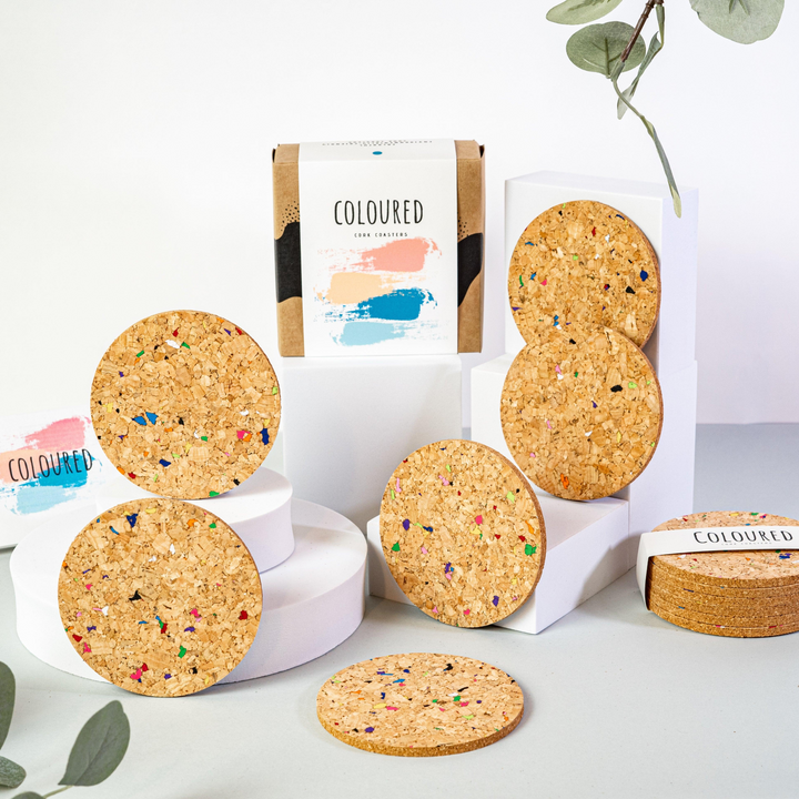 Vibrant Eco-Friendly Cork Coasters - Set of 6, Colourful Round Design for Home & Office - Premium  from Home Treasures - Just £33.99! Shop now at Home Treasures