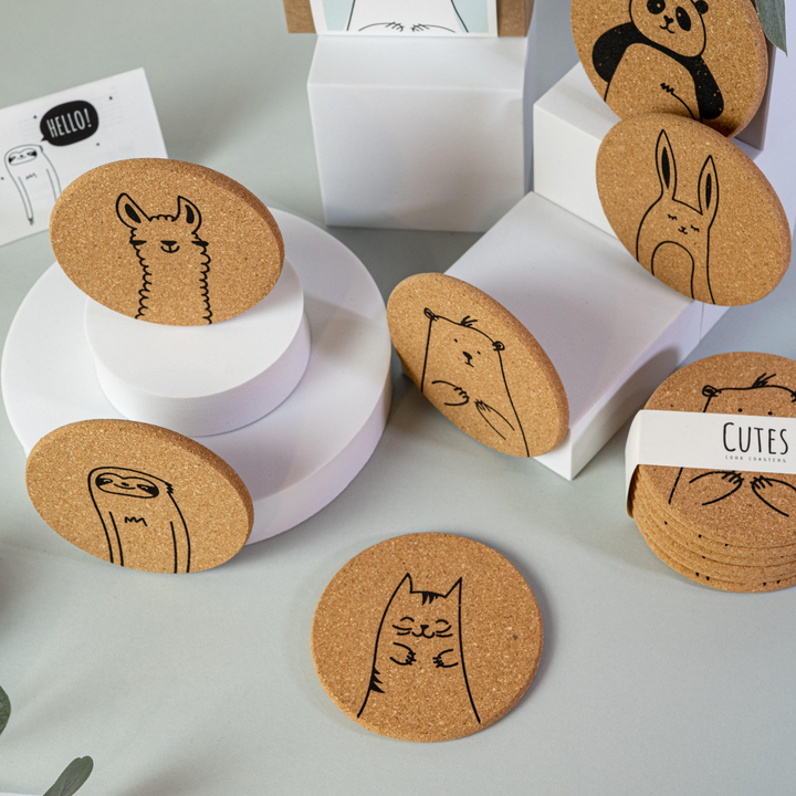 Cutes Cork Coasters - Set of 6 | Adorable Animal Designs - Llama, Panda, Kitten, Sloth, Bear, Rabbit - Premium  from Home Treasures - Just £33.99! Shop now at Home Treasures