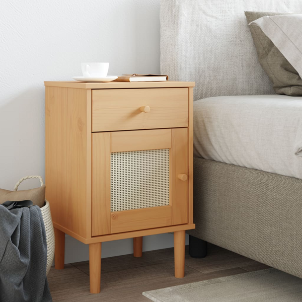 SENJA Bedside Cabinet with Rattan Look - 40x35x65 cm, Solid Pine Wood, Brown - Stylish Bedroom Storage Solution - Premium  from Home Treasures - Just £51.99! Shop now at Home Treasures