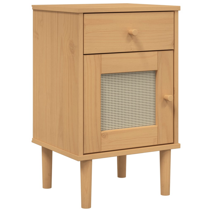 SENJA Bedside Cabinet with Rattan Look - 40x35x65 cm, Solid Pine Wood, Brown - Stylish Bedroom Storage Solution - Premium  from Home Treasures - Just £51.99! Shop now at Home Treasures