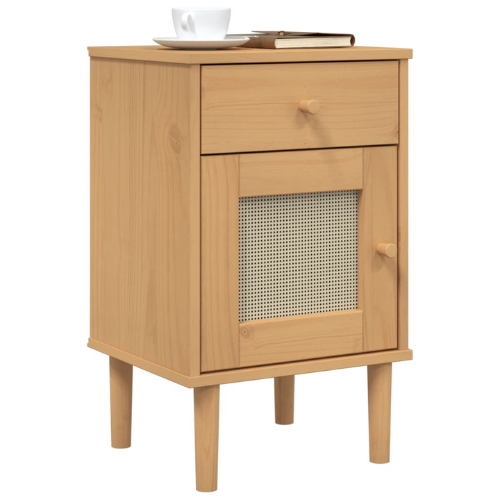 SENJA Bedside Cabinet with Rattan Look - 40x35x65 cm, Solid Pine Wood, Brown - Stylish Bedroom Storage Solution - Premium  from Home Treasures - Just £51.99! Shop now at Home Treasures