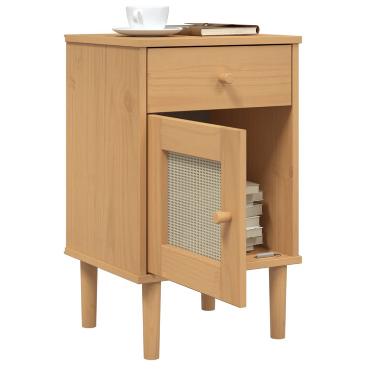 SENJA Bedside Cabinet with Rattan Look - 40x35x65 cm, Solid Pine Wood, Brown - Stylish Bedroom Storage Solution - Premium  from Home Treasures - Just £51.99! Shop now at Home Treasures