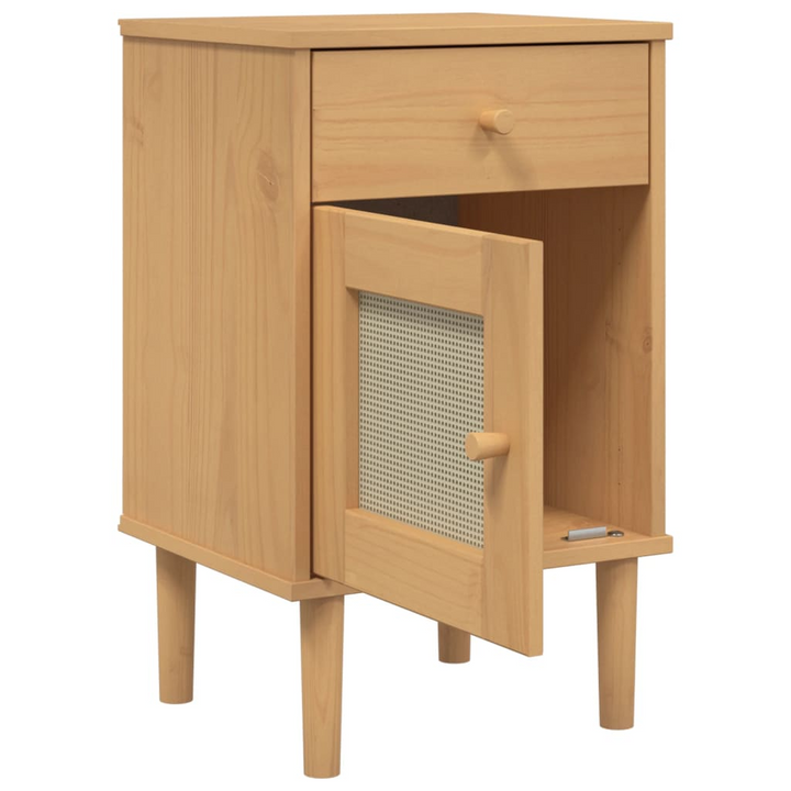 SENJA Bedside Cabinet with Rattan Look - 40x35x65 cm, Solid Pine Wood, Brown - Stylish Bedroom Storage Solution - Premium  from Home Treasures - Just £51.99! Shop now at Home Treasures