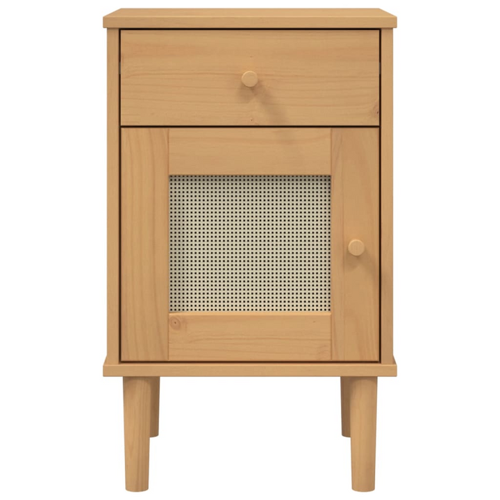 SENJA Bedside Cabinet with Rattan Look - 40x35x65 cm, Solid Pine Wood, Brown - Stylish Bedroom Storage Solution - Premium  from Home Treasures - Just £51.99! Shop now at Home Treasures