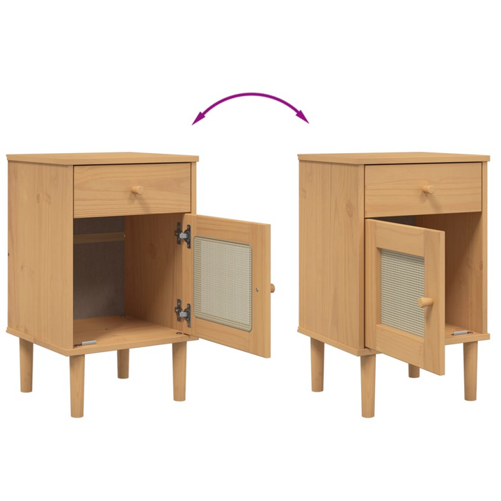 SENJA Bedside Cabinet with Rattan Look - 40x35x65 cm, Solid Pine Wood, Brown - Stylish Bedroom Storage Solution - Premium  from Home Treasures - Just £51.99! Shop now at Home Treasures