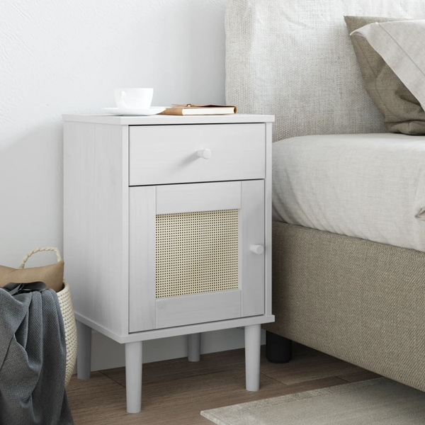 SENJA Bedside Cabinet with Rattan Look in White – Solid Pine Wood, 40x35x65 cm, Stylish & Functional Nightstand - Premium  from Home Treasures - Just £50.99! Shop now at Home Treasures