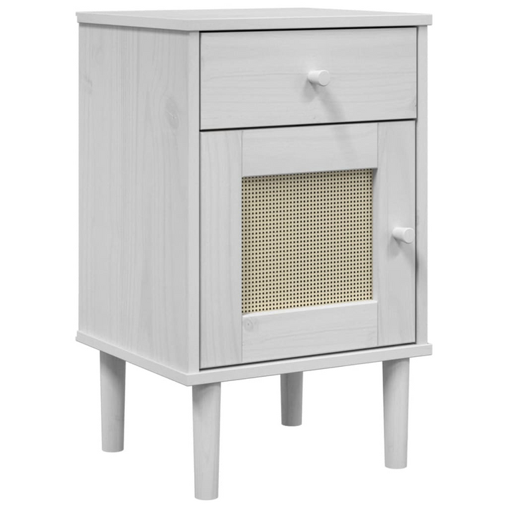 SENJA Bedside Cabinet with Rattan Look in White – Solid Pine Wood, 40x35x65 cm, Stylish & Functional Nightstand - Premium  from Home Treasures - Just £50.99! Shop now at Home Treasures