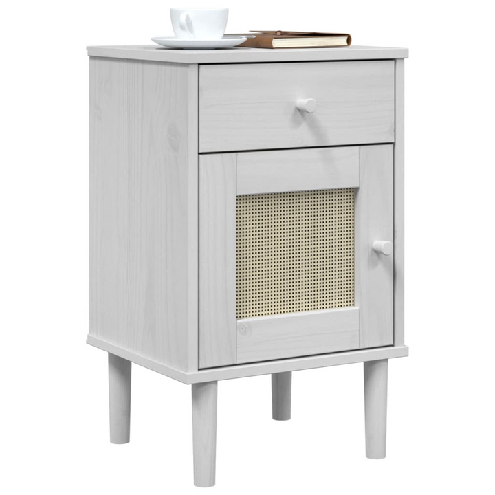 SENJA Bedside Cabinet with Rattan Look in White – Solid Pine Wood, 40x35x65 cm, Stylish & Functional Nightstand - Premium  from Home Treasures - Just £50.99! Shop now at Home Treasures