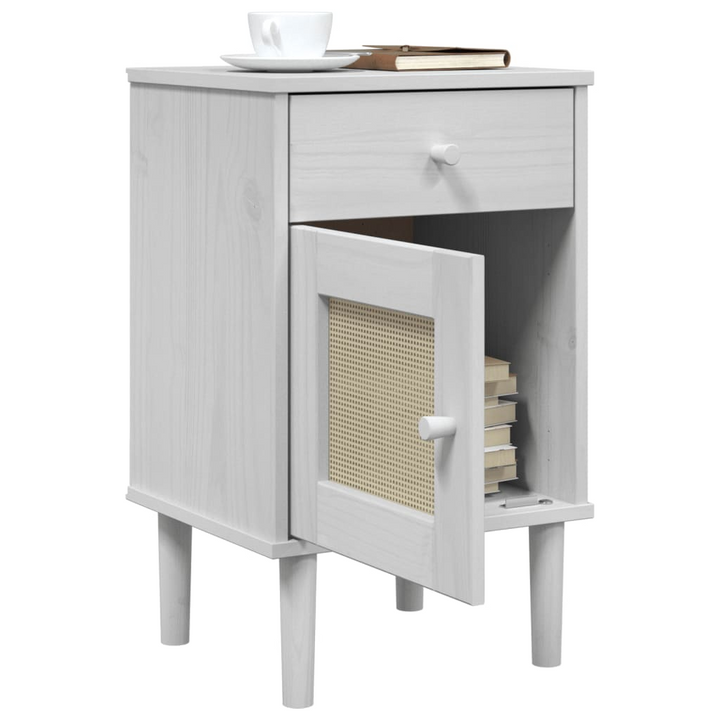 SENJA Bedside Cabinet with Rattan Look in White – Solid Pine Wood, 40x35x65 cm, Stylish & Functional Nightstand - Premium  from Home Treasures - Just £50.99! Shop now at Home Treasures