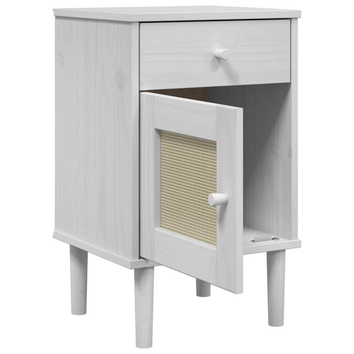 SENJA Bedside Cabinet with Rattan Look in White – Solid Pine Wood, 40x35x65 cm, Stylish & Functional Nightstand - Premium  from Home Treasures - Just £50.99! Shop now at Home Treasures