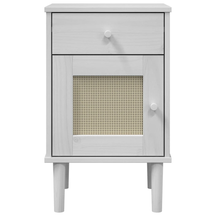 SENJA Bedside Cabinet with Rattan Look in White – Solid Pine Wood, 40x35x65 cm, Stylish & Functional Nightstand - Premium  from Home Treasures - Just £50.99! Shop now at Home Treasures