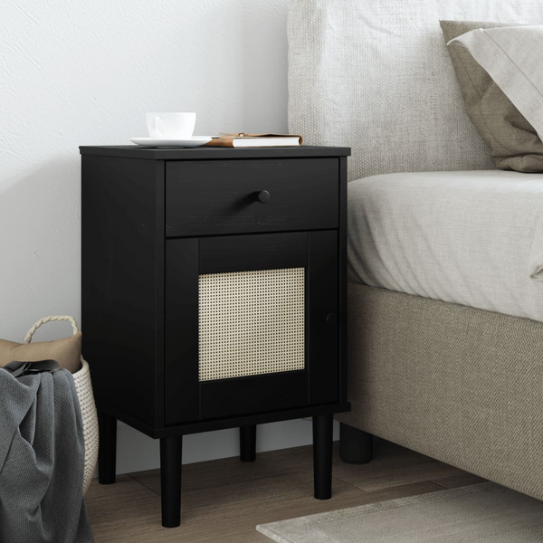 Stylish SENJA Bedside Cabinet – Black, Rattan Look, Solid Pine Wood, 40x35x65 cm - Premium  from Home Treasures - Just £58.99! Shop now at Home Treasures