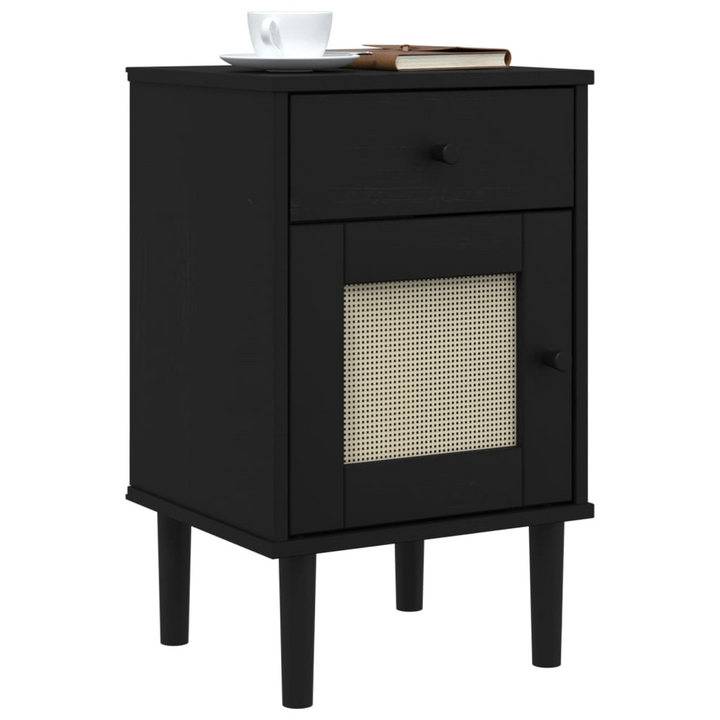 Stylish SENJA Bedside Cabinet – Black, Rattan Look, Solid Pine Wood, 40x35x65 cm - Premium  from Home Treasures - Just £58.99! Shop now at Home Treasures