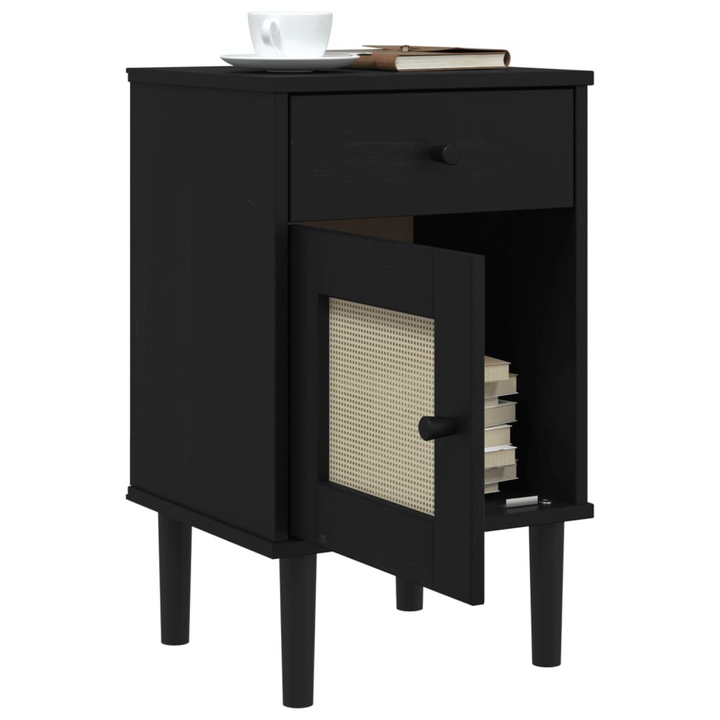 Stylish SENJA Bedside Cabinet – Black, Rattan Look, Solid Pine Wood, 40x35x65 cm - Premium  from Home Treasures - Just £58.99! Shop now at Home Treasures