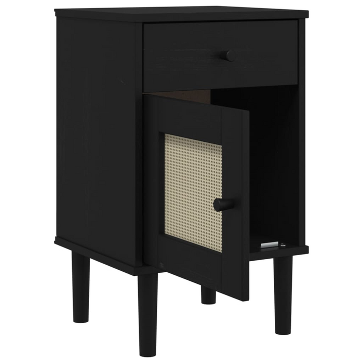 Stylish SENJA Bedside Cabinet – Black, Rattan Look, Solid Pine Wood, 40x35x65 cm - Premium  from Home Treasures - Just £58.99! Shop now at Home Treasures