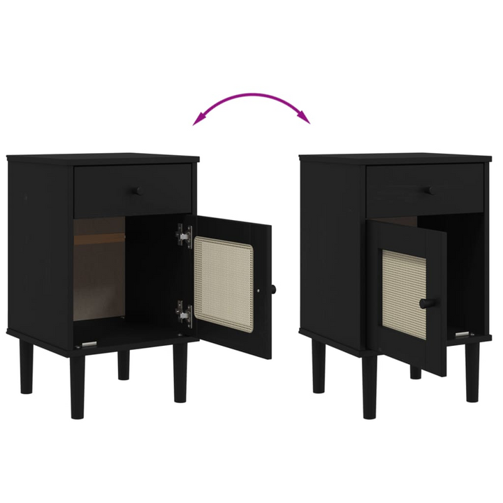 Stylish SENJA Bedside Cabinet – Black, Rattan Look, Solid Pine Wood, 40x35x65 cm - Premium  from Home Treasures - Just £58.99! Shop now at Home Treasures