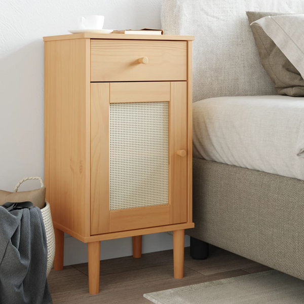 SENJA Rattan Look Bedside Cabinet - Modern Solid Wood Pine Nightstand, 40x35x80 cm, Brown - Premium Furniture from Home Treasures - Just £57.99! Shop now at Home Treasures