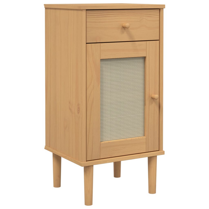 SENJA Rattan Look Bedside Cabinet - Modern Solid Wood Pine Nightstand, 40x35x80 cm, Brown - Premium Furniture from Home Treasures - Just £57.99! Shop now at Home Treasures