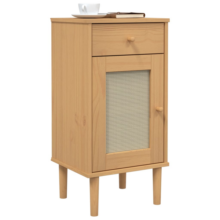 SENJA Rattan Look Bedside Cabinet - Modern Solid Wood Pine Nightstand, 40x35x80 cm, Brown - Premium Furniture from Home Treasures - Just £57.99! Shop now at Home Treasures