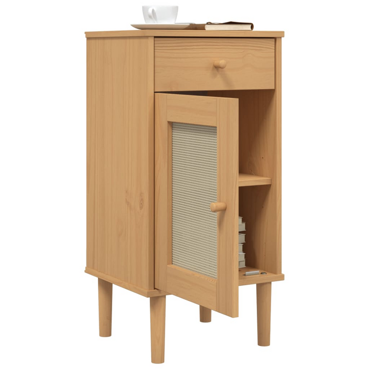 SENJA Rattan Look Bedside Cabinet - Modern Solid Wood Pine Nightstand, 40x35x80 cm, Brown - Premium Furniture from Home Treasures - Just £57.99! Shop now at Home Treasures