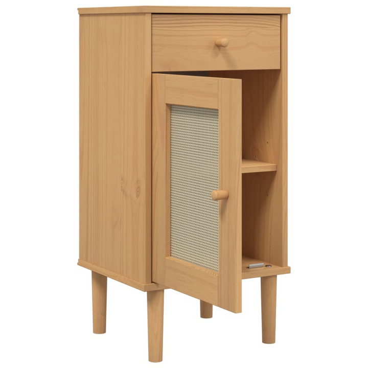 SENJA Rattan Look Bedside Cabinet - Modern Solid Wood Pine Nightstand, 40x35x80 cm, Brown - Premium Furniture from Home Treasures - Just £57.99! Shop now at Home Treasures