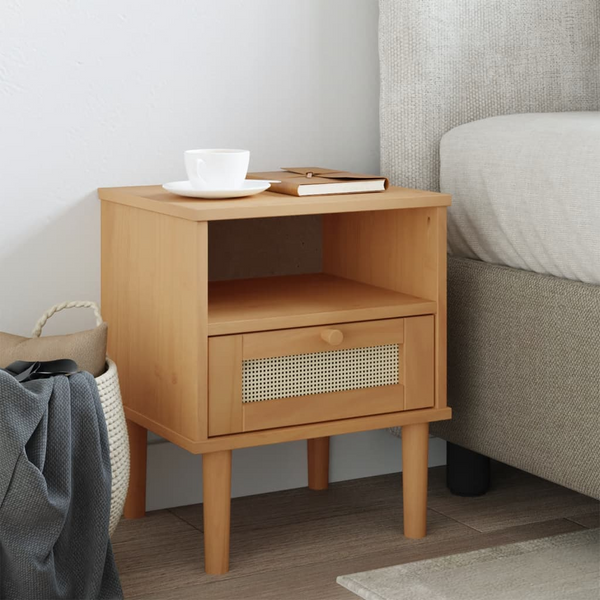 SENJA Bedside Cabinet with Rattan Look - Elegant Brown Solid Pine Wood, 40x35x48 cm - Premium  from Home Treasures - Just £53.99! Shop now at Home Treasures