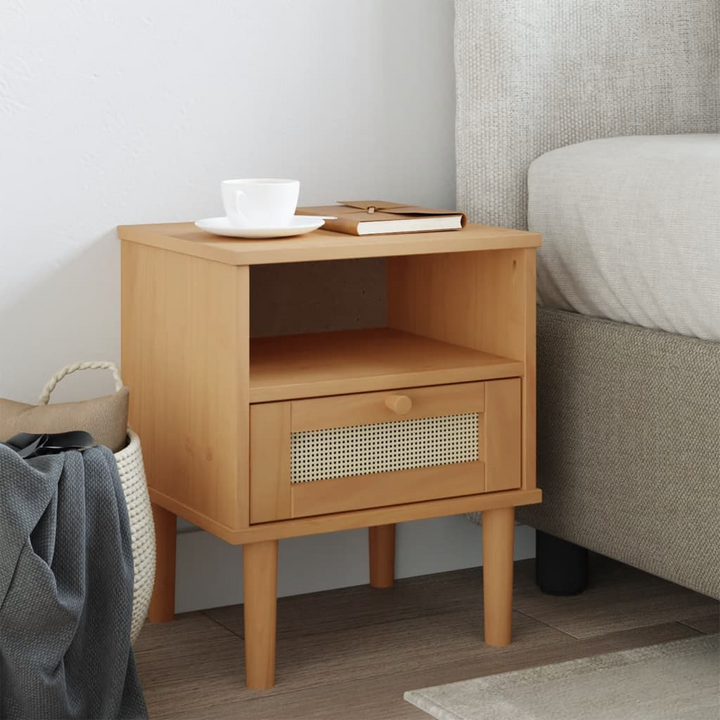 SENJA Bedside Cabinet with Rattan Look - Elegant Brown Solid Pine Wood, 40x35x48 cm - Premium  from Home Treasures - Just £42.99! Shop now at Home Treasures